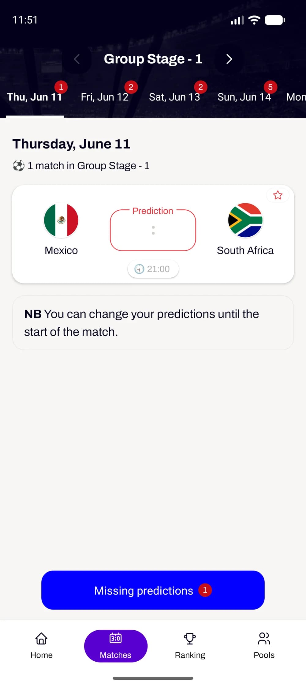 Entering predictions per match day