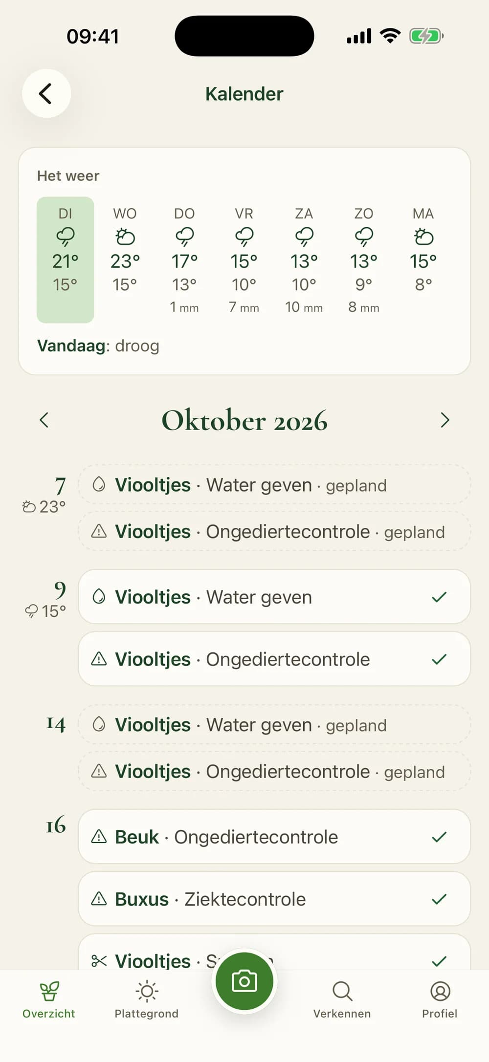 Calendar with tasks and the weather forecast