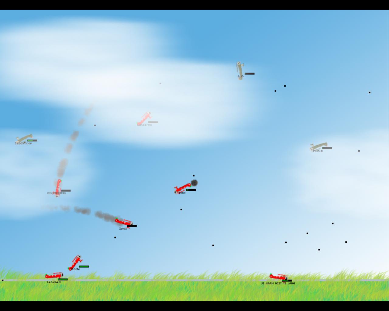 Screenshot of Planes: eleven biplanes above a grass field, each with a player name and a health bar under it, with smoke trails from downed aircraft.